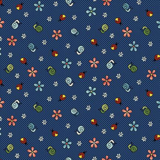 Backyard Happenings Snails Navy 2589-77 Designed by Gail Pan for Henry Glass Fabrics