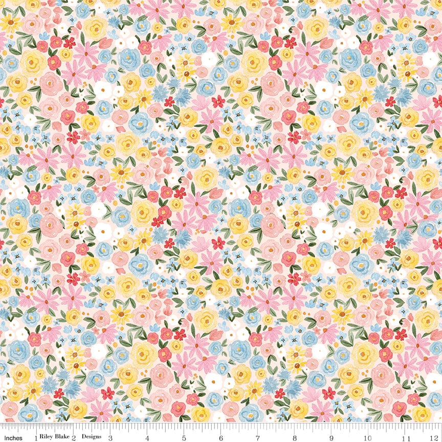 white Riley Blake fabric with pink & brown flowers Fabric by Riley Blake -  modeS4u