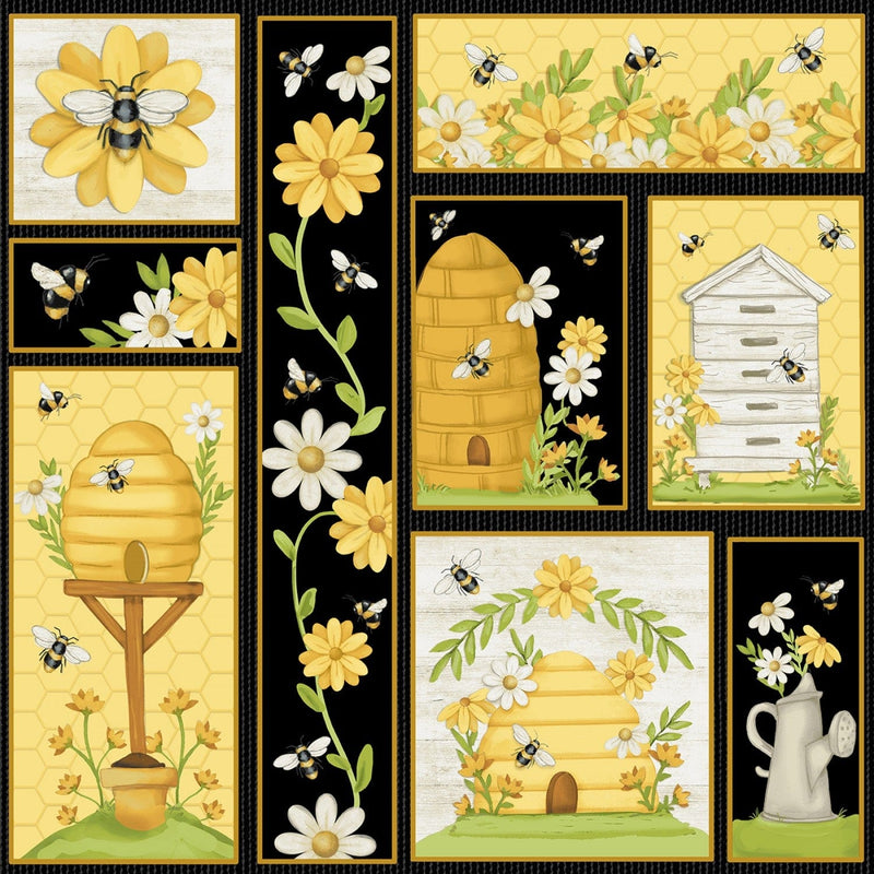 Bee You! - Multi Patchwork Bees and Beehives - 106-049 - Henry Glass - Flowers